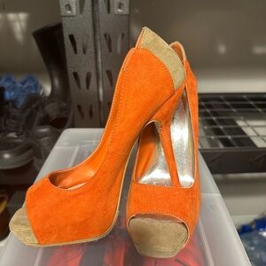 Chic Orange and Tan Peep Toe Heels